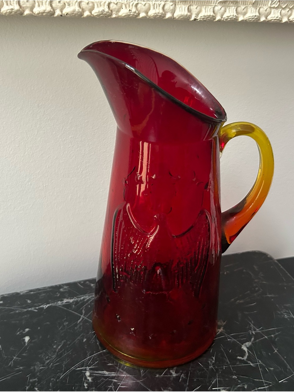 Glass Orange Red Glass Pitcher MCM 1970s USA Eagle America Amberina Collectible